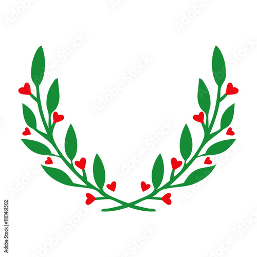 Ilustración para decoración primaveral. Banner con corona de victoria con ramas con corazones para tarjetas y felicitaciones de San Valentín