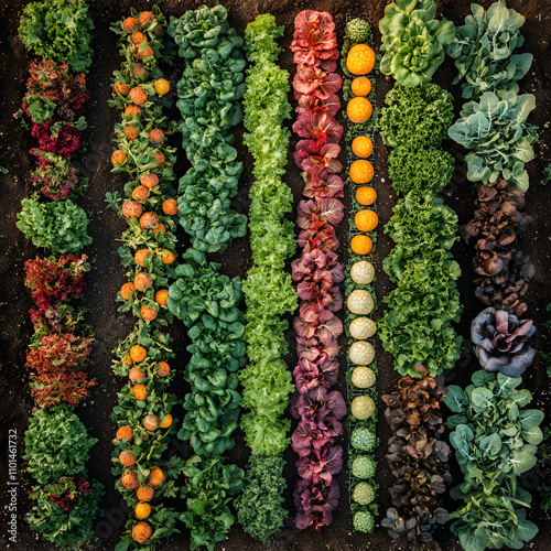 Vibrant vegetable rows community garden nature photography urban environment aerial view sustainable living