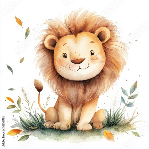 Cute cartoon watercolor lion clipart, on the grass with leaves, in muted pastel colors,