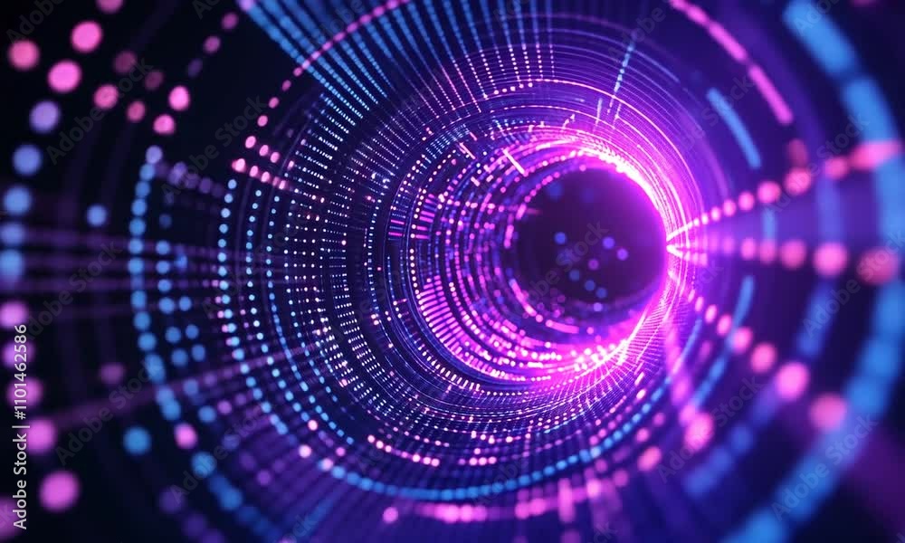 A vibrant, abstract representation of swirling lights and patterns in purple and blue hues.