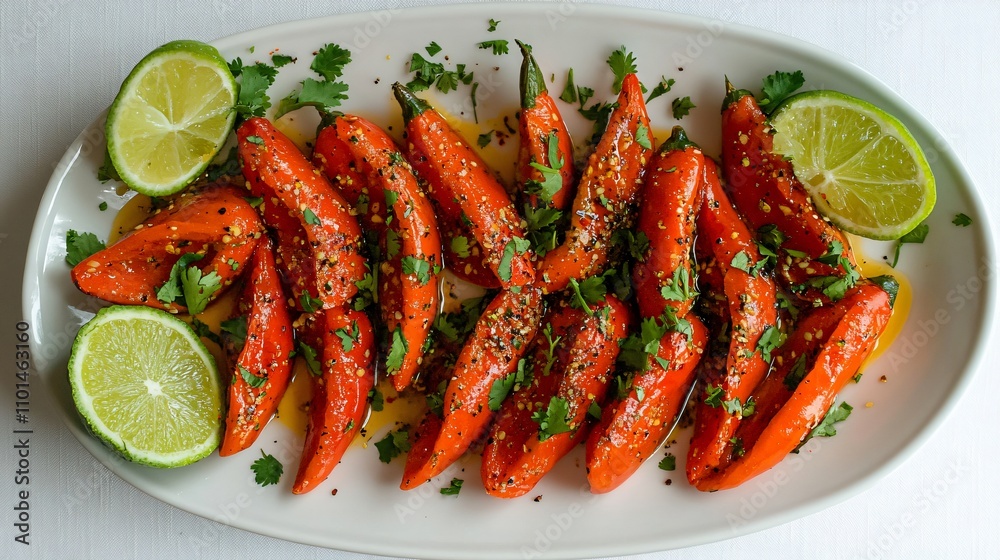 Whole and sliced Tabasco peppers arranged artfully on a white plate, styled with lime wedges and cilantro Whole and sliced Tabasco peppers arranged artfully on a white plate, styled with lime wedges and cilantro