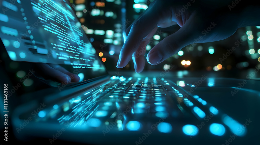 A close-up of a hand typing on a glowing laptop keyboard at night, with ...