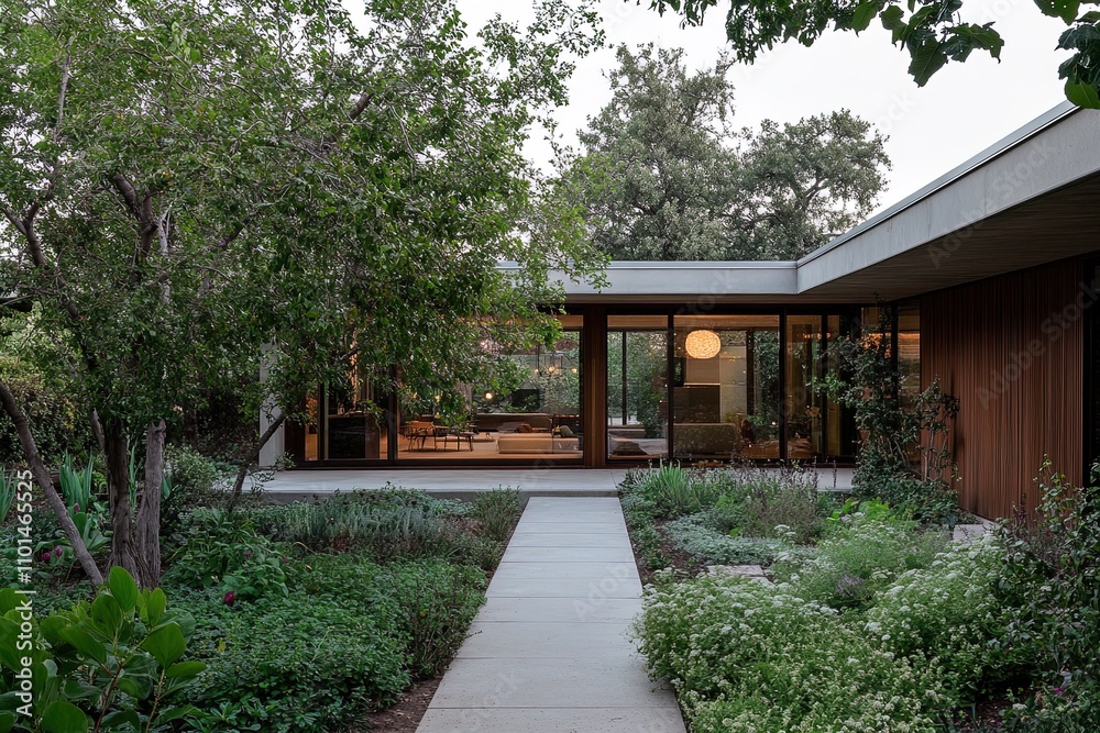 Contemporary residential architecture surrounded by lush greenery and a serene pathway at dusk Contemporary residential architecture surrounded by lush greenery and a serene pathway at dusk