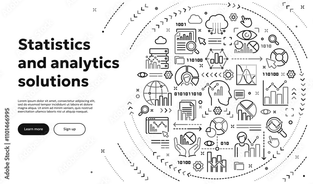 Obraz premium Vector conceptual illustration related to statistics, data analytics, infographic. Line doodle banner or background for website or mobile app