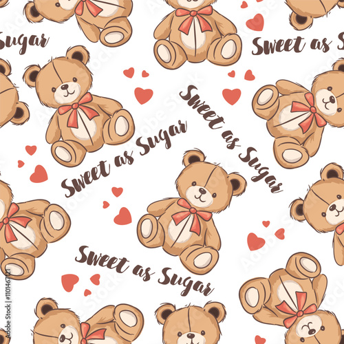 Cute teddy bears with hearts and text seamless pattern on a soft pink background, perfect for children or fabric design