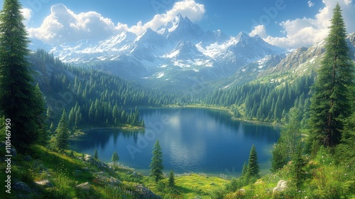 A serene mountain landscape featuring a lake surrounded by lush forests and towering peaks.