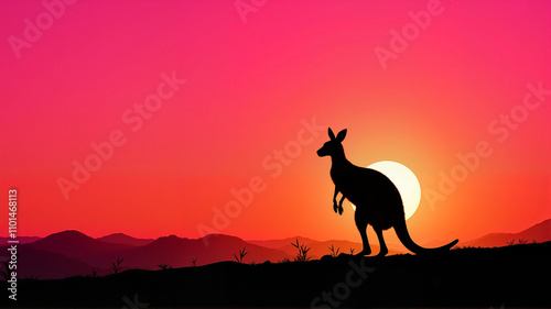 Kangaroo silhouette at sunset with vibrant red and orange sky photo