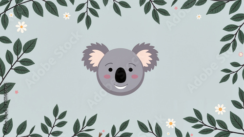 Cute koala illustration surrounded by native Australian plants photo