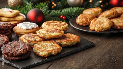 A festive assortment of cookies and treats, beautifully arranged on a wooden table, surrounded by holiday decorations.