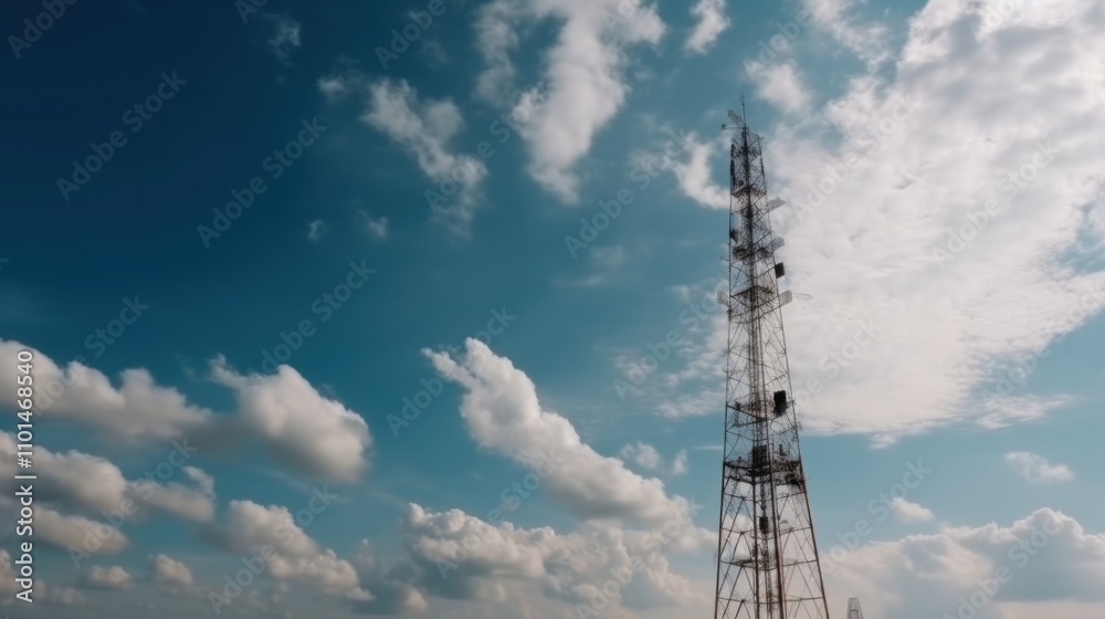 Tall Communication Tower Against a Cloudy Sky Tall Communication Tower Against a Cloudy Sky