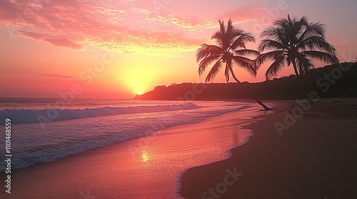 Tropical beach sunset with palm trees and serene ocean waves.