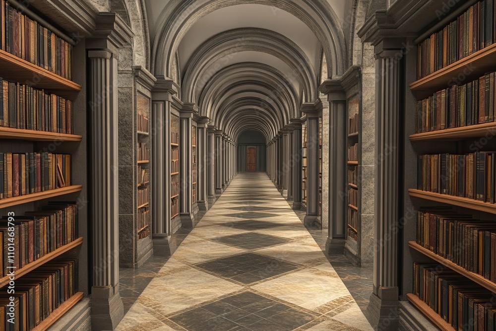 corridor of an infinite library with a row of books on the right and left corridor of an infinite library with a row of books on the right and left