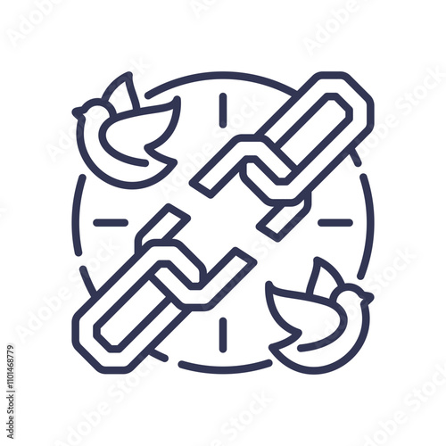 Broken chain and birds symbolize liberation and freedom.