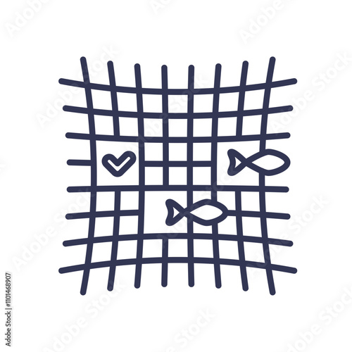 Illustration of fish and a checkmark on a net, symbolizing sustainable fishing practices.