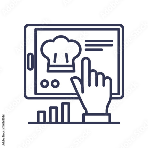 Tablet interface with chef hat icon, hand gesture, and bar chart symbolizes user-friendly design in culinary apps.