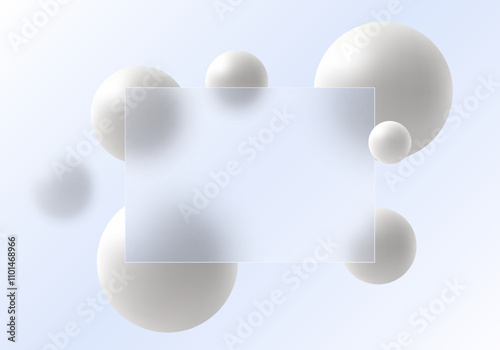Website landing page in glass morphism style. Light-colored presentation screen with the effect of overlaying glass on floating gradient spheres.