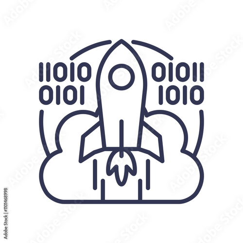 Rocket launching with binary code symbolizes rapid tech deployment.