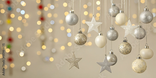 Shimmering Holiday Magic and Christmas, Glittering Ornaments and Colorful Lights in a Festive backdrops, lots of copy space for the text,	