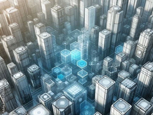 Futuristic cityscape with transparent skyscrapers and geometric hexagonal overlay in a digital style