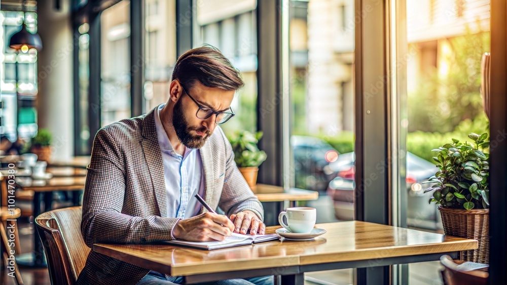 Obraz premium Engaging in creative thoughts while sipping coffee in a cozy urban cafe at sunset