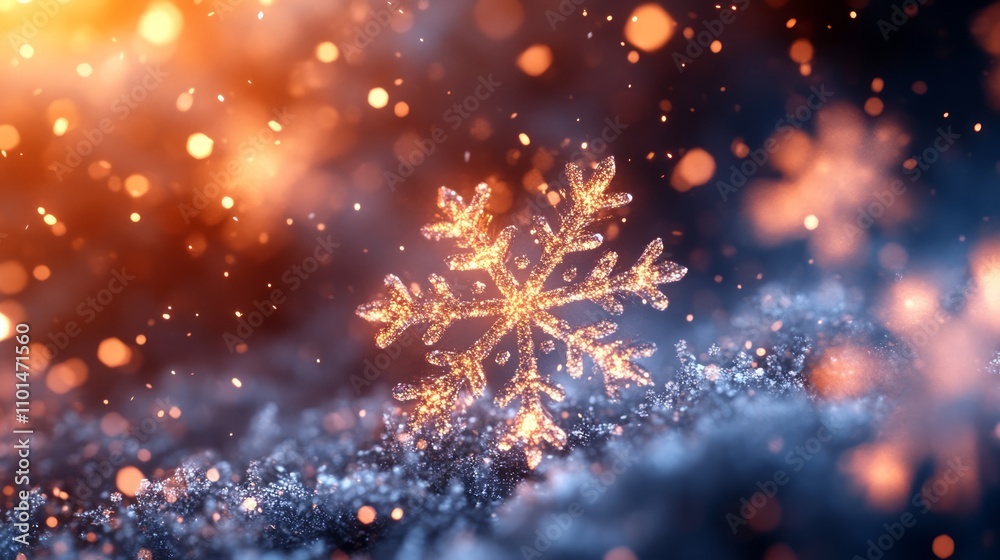 A glowing snowflake amidst a shimmering, blurred winter background, evoking a magical atmosphere. A glowing snowflake amidst a shimmering, blurred winter background, evoking a magical atmosphere.