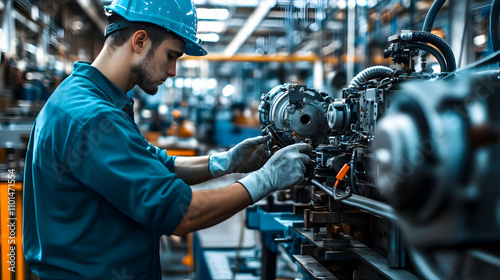 A focused technician works on machinery in a modern industrial setting, showcasing precision and skill in equipment maintenance. photo