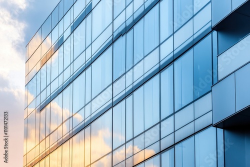 A modern office building with large glass windows reflecting the sky and nearby structures, emphasizing the sleek architectural design and the transparency of the glass.