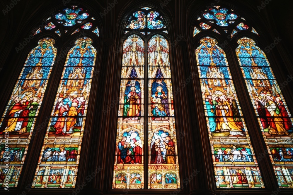 A set of colorful stained glass windows in a historic cathedral, showcasing the artistic use of glass to create intricate patterns and vibrant scenes that tell a story. A set of colorful stained glass windows in a historic cathedral, showcasing the artistic use of glass to create intricate patterns and vibrant scenes that tell a story.