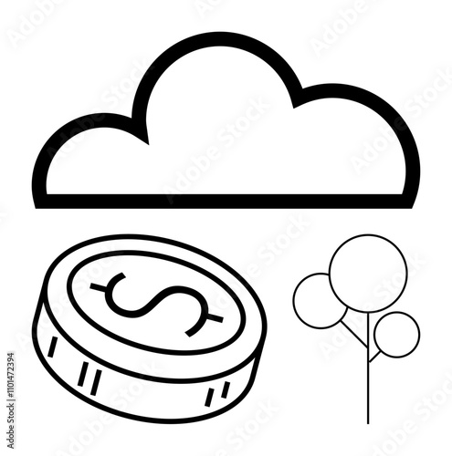 Cloud icon above a coin with a dollar sign and a tree outline. Ideal for economic growth, environmental conservation, technology integration, cloud computing, financial services, sustainable