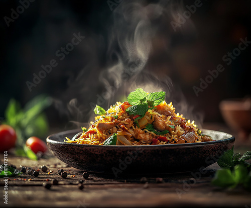 bowl of watering full chicken biryani dish isolated on wooden table background  side view