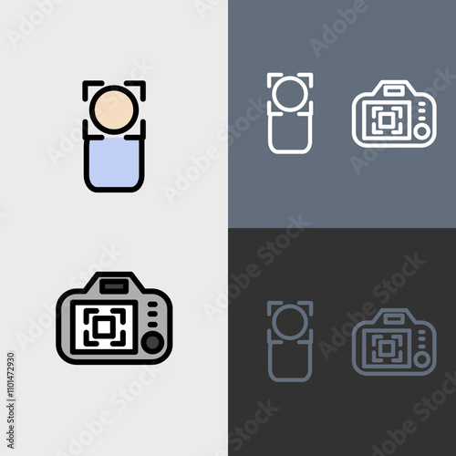 Subject focus and camera backside - clean and modern Photography and videography icon set.