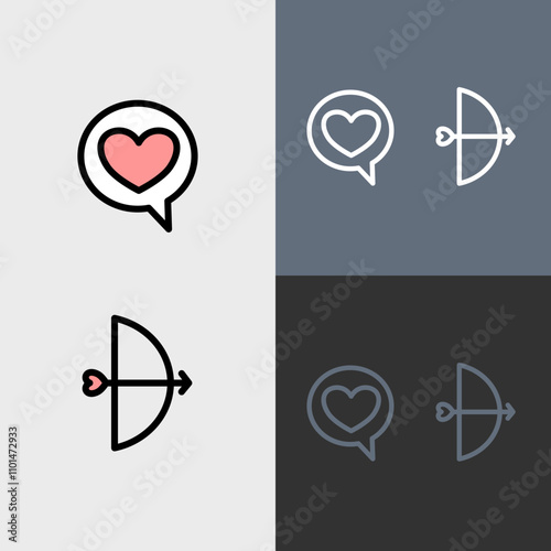 Love message bubble and bow and arrow - clean and modern valentines day icon set.