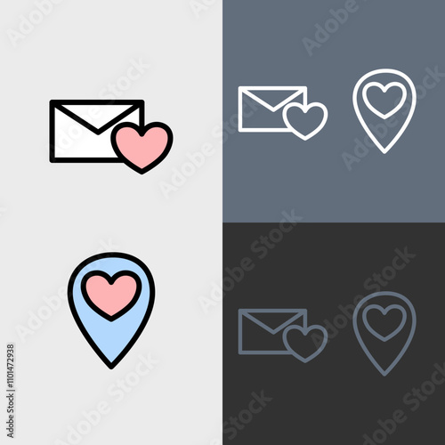 Love letter and love location - clean and modern valentines day icon set.