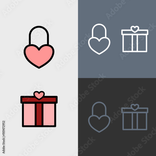 Love heart lock and present - clean and modern valentines day icon set.
