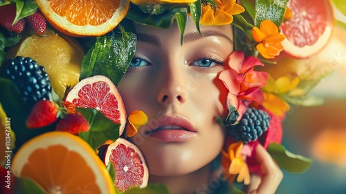 Fototapeta Naklejka Na Ścianę i Meble -  Close-up of a woman surrounded by vibrant fruits and flowers