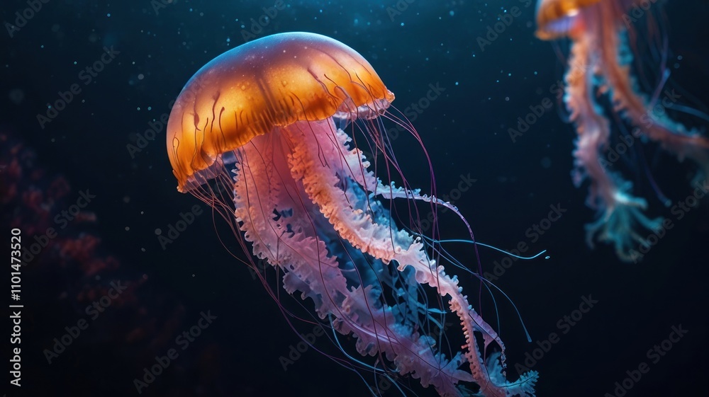 Fototapeta premium Two luminous jellyfish with orange bells and long, flowing tentacles drift in dark blue water.