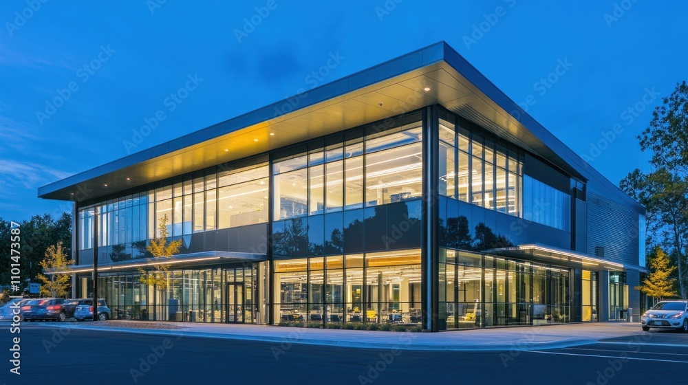 Fototapeta premium Modern Glass Office Building at Dusk Evening Light