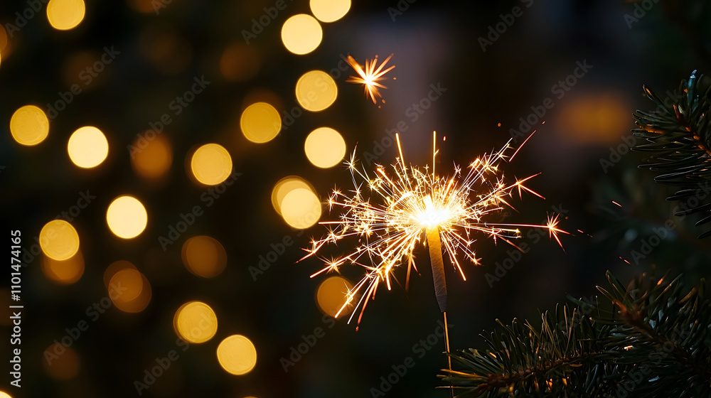 Fototapeta premium Close-up of a sparkler glowing brightly against a bokeh background at night. Generative AI.