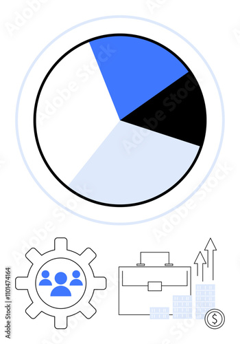 Pie chart divided into four segments and accompanied by a gear with people, a briefcase, and financial growth symbols. Ideal for business, finance, analytics, teamwork, strategy, planning progress photo