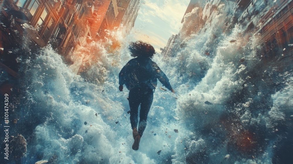 A person runs through a city engulfed by a massive wave, depicting chaos and urgency. A person runs through a city engulfed by a massive wave, depicting chaos and urgency.