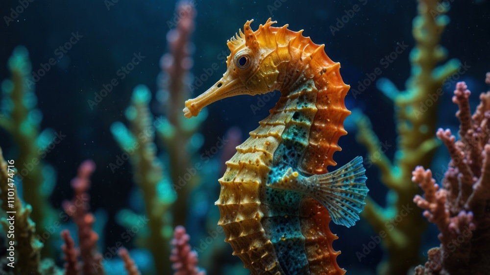 Here's a possible response.. Vibrant seahorse swimming amidst coral reef. Here's a possible response.. Vibrant seahorse swimming amidst coral reef.