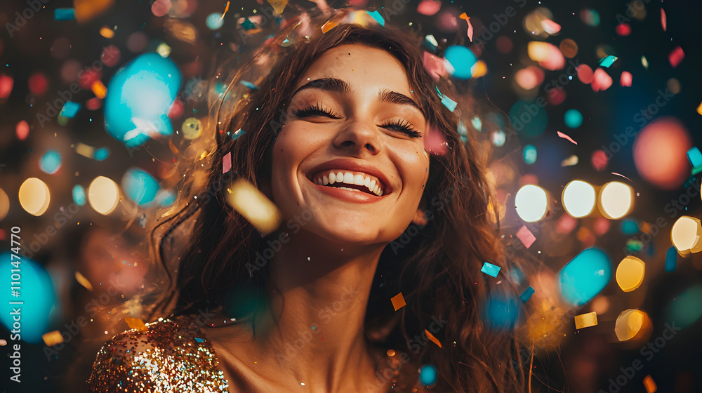 Joyful woman celebrating New Years at a lively party with confetti. Generative AI. Joyful woman celebrating New Years at a lively party with confetti. Generative AI.