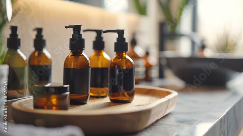 Amber glass bottles for skincare products on a modern bathroom counter