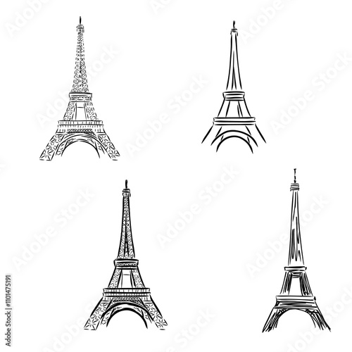Eiffel tower in France straight view, doodle line sketch,