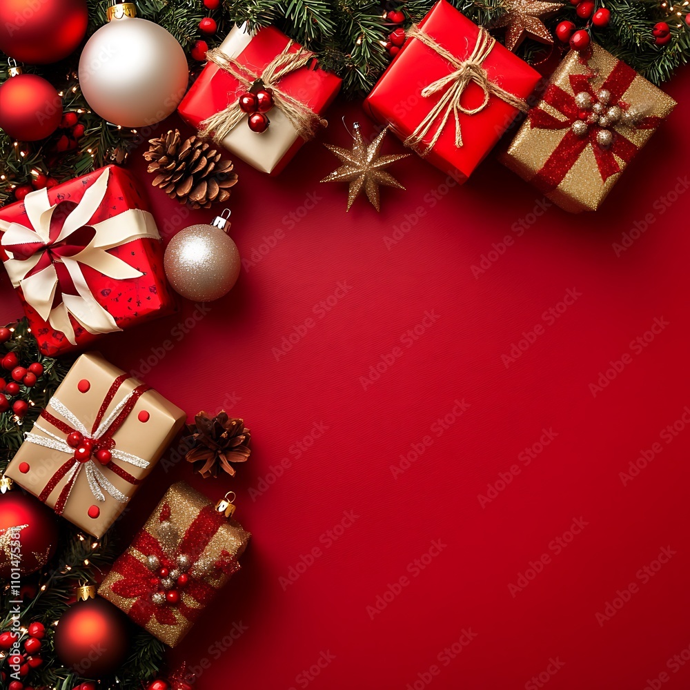 Christmas vertical gifts and ornaments create a festive atmosphere, perfect for holiday celebrations. The vibrant red background enhances the joyful and cheerful mood of the season Christmas vertical gifts and ornaments create a festive atmosphere, perfect for holiday celebrations. The vibrant red background enhances the joyful and cheerful mood of the season