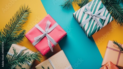 Colorful gift boxes with pine branches on a vibrant background photo