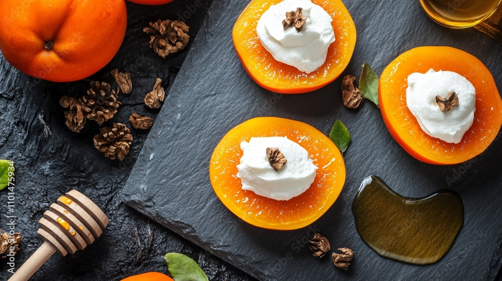 Persimmon slices styled with whipped cream and honey, placed on a slate board with rustic accents Persimmon slices styled with whipped cream and honey, placed on a slate board with rustic accents