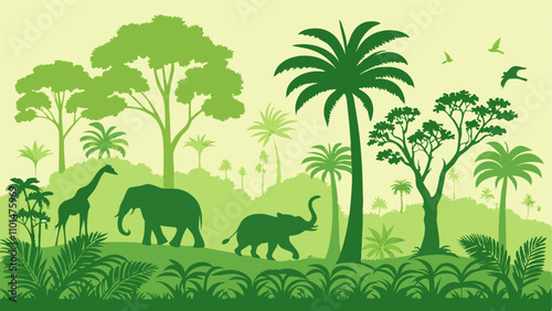 Canvas Print Jungle Wildlife: Elephants and Giraffe