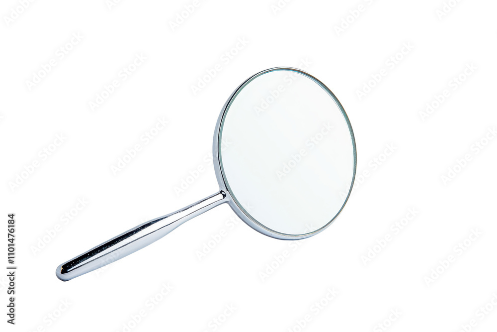 A handheld mirror with a sleek silver handle and a circular reflective surface. A handheld mirror with a sleek silver handle and a circular reflective surface.