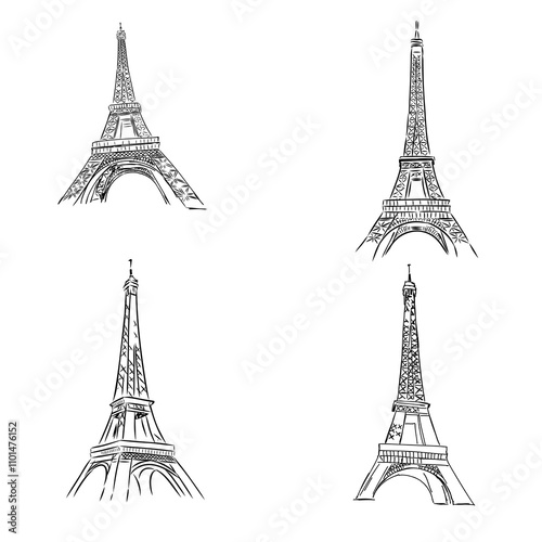 Eiffel tower in France straight view, doodle line sketch,